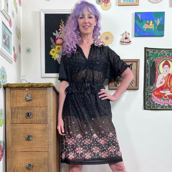 Vintage Sheer Black Floral Dress, 1970s Bohemian Fairycore Flower Print, Sz S - Picture 11 of 11